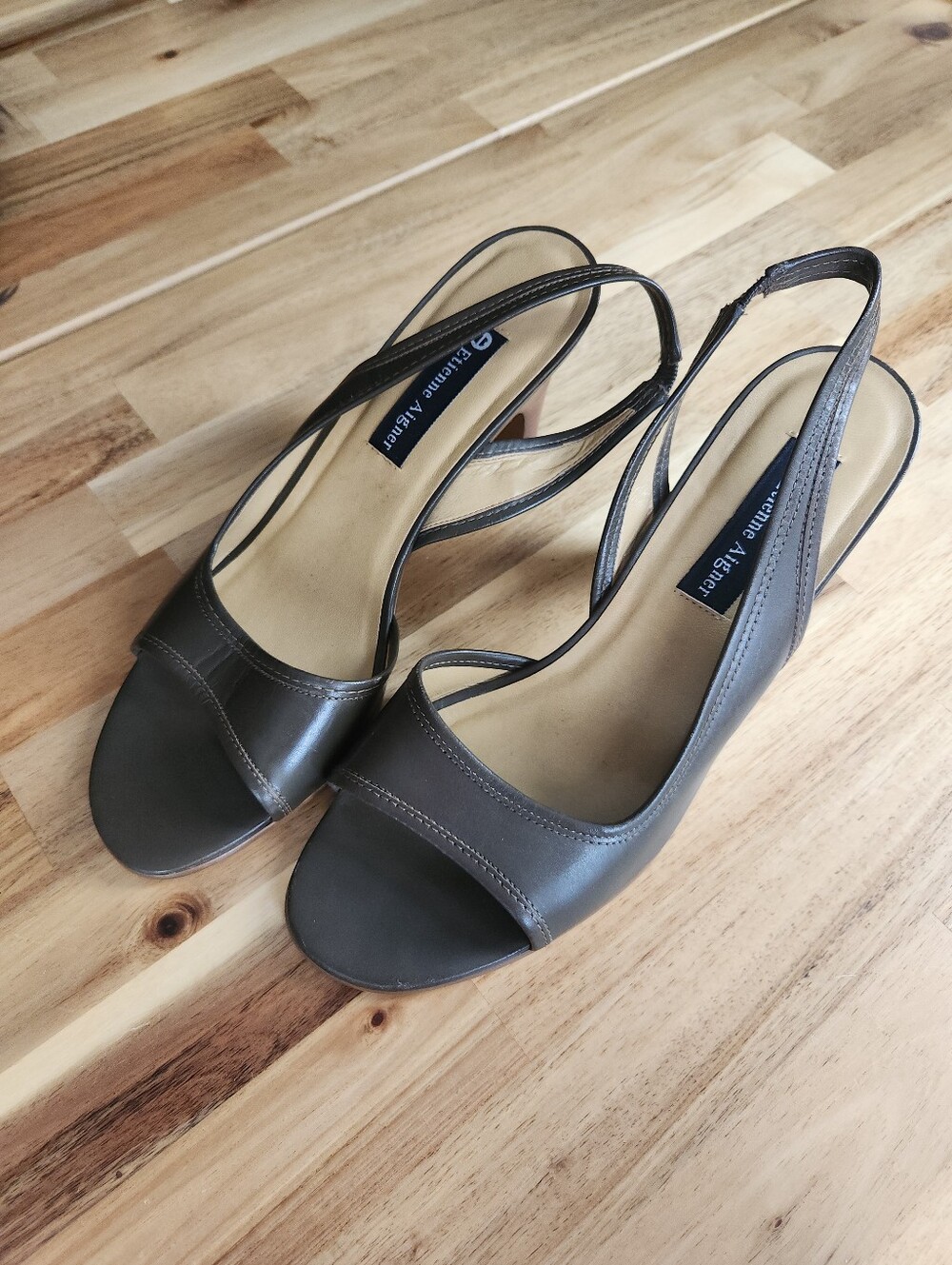 Etienne Aigner "Party" Slingback Low Heeled Sandals in Brown Leather